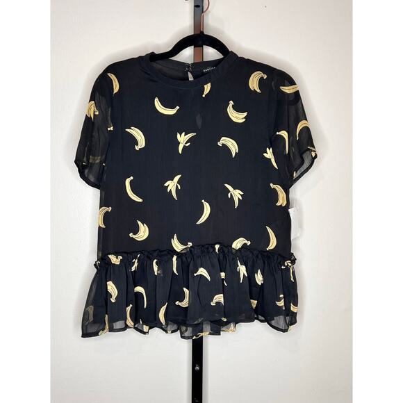 English Factory Banana Print Sheer Peplum Hem Blouse Black Women's Size S NWT - Picture 1 of 6
